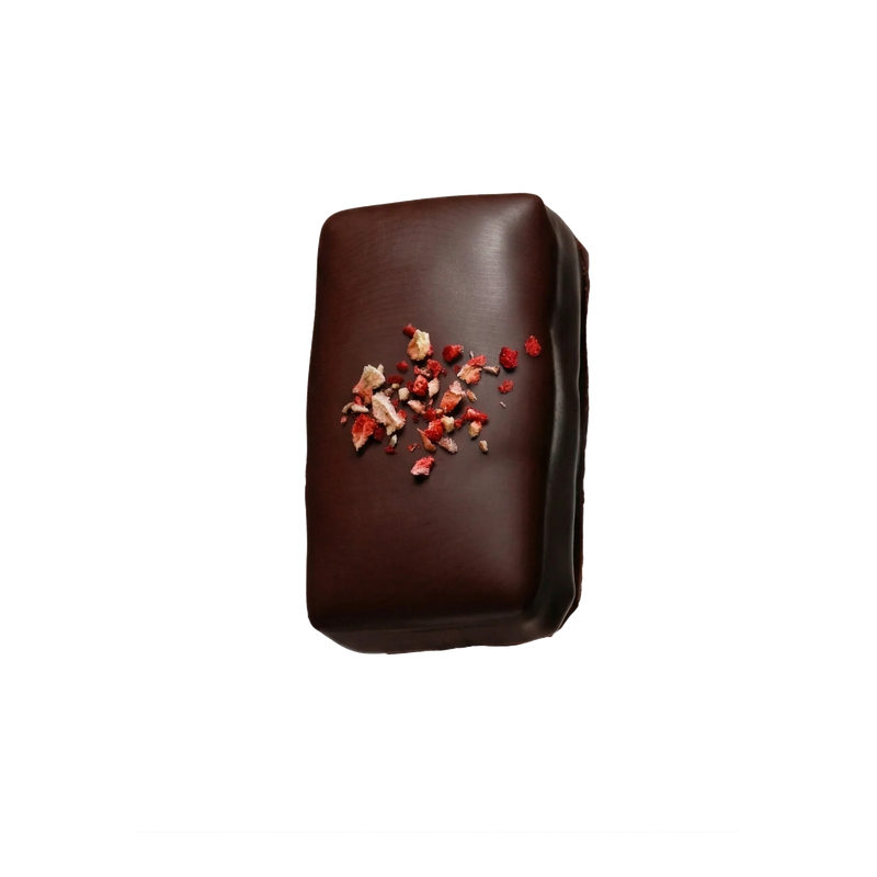 Single artisan dark chocolate with a chewy strawberry and vanilla centre.