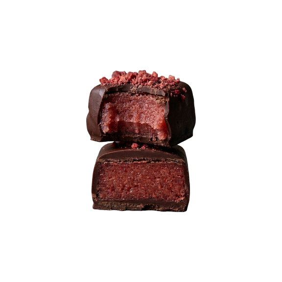 Loco Love Single artisan dark chocolate with a chewy strawberry and vanilla centre.