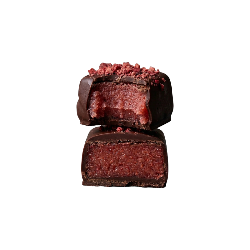 Loco Love Single artisan dark chocolate with a chewy strawberry and vanilla centre.