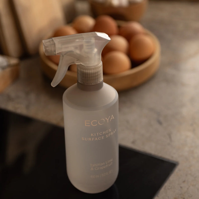 ECOYA Kitchen Collection plant-based Surface Spray in Tahitian Lime and Grapefruit fragrance.