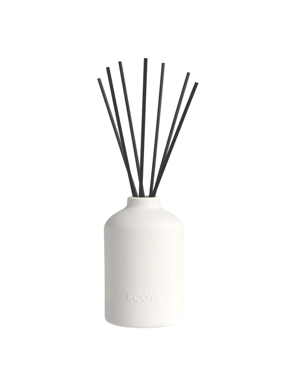 White ceramic reed diffuser with black reeds by Ecoya