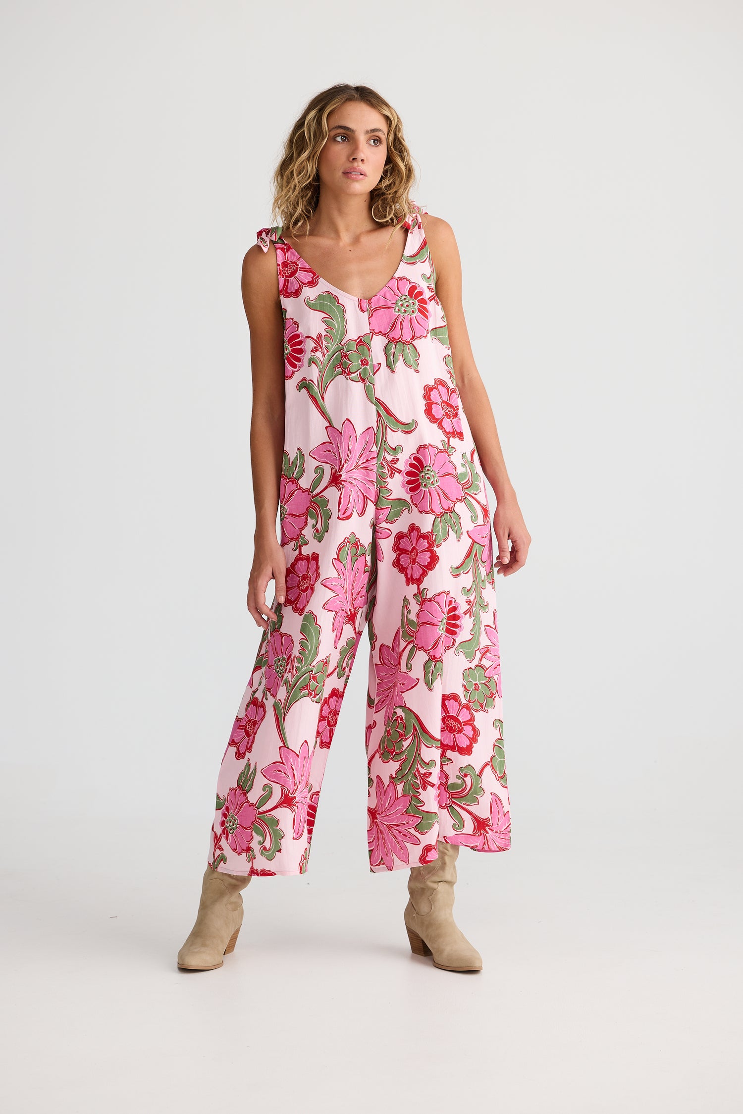 Pink Ibiza printed jumpsuit with tie straps & side pockets