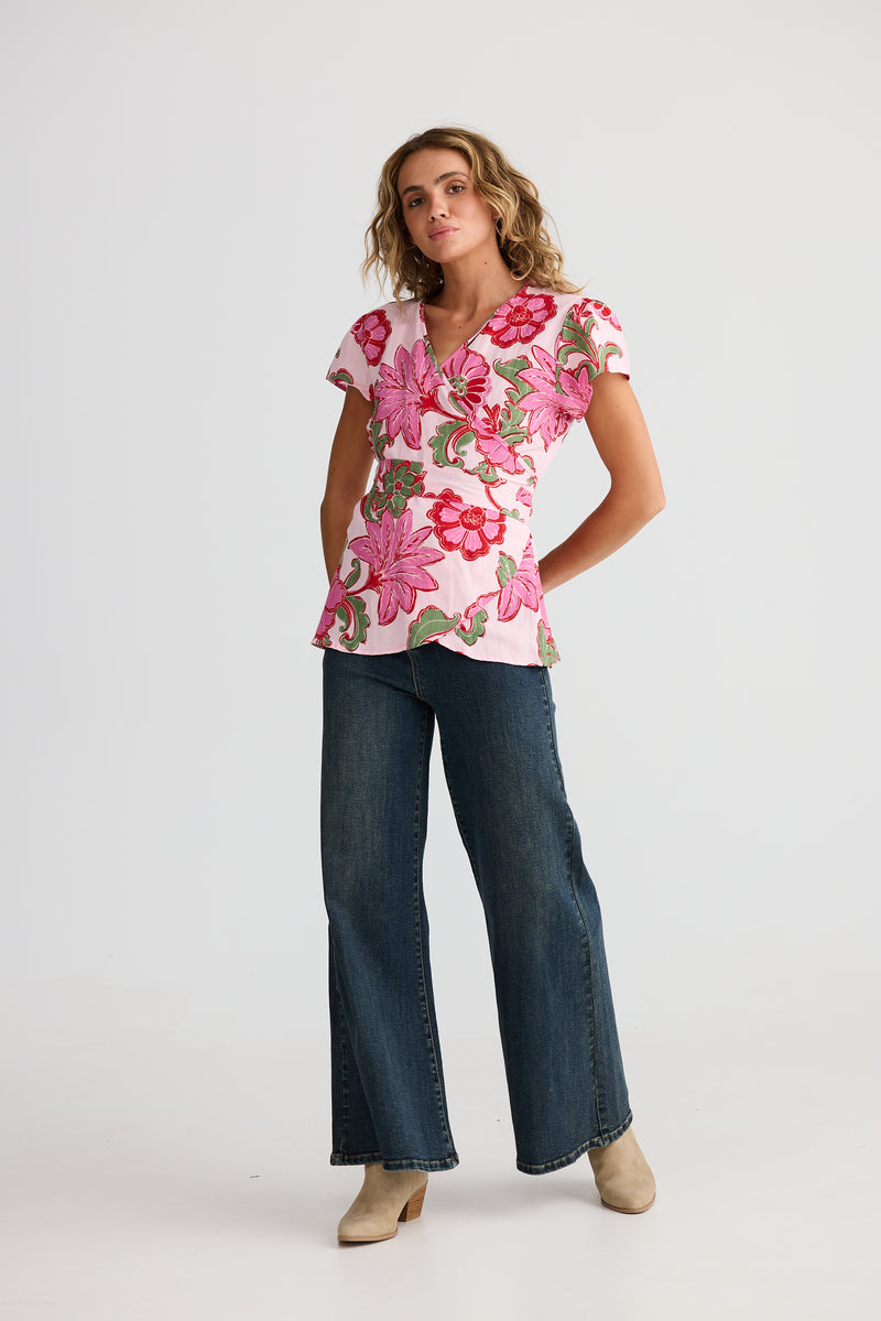 Pink Ibiza printed wrap top with V-neckline & cap sleeves