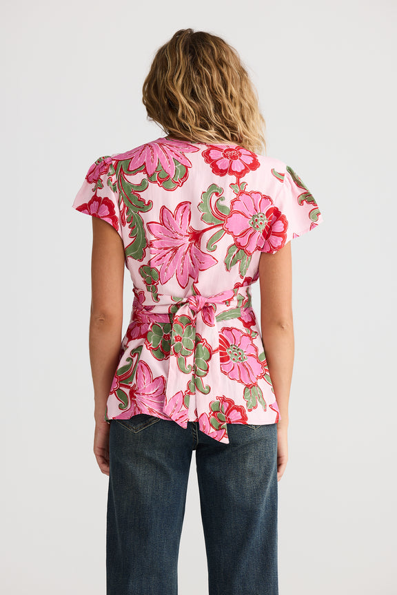 Lottie Wrap Top – adjustable tie waist top in Pink Ibiza print