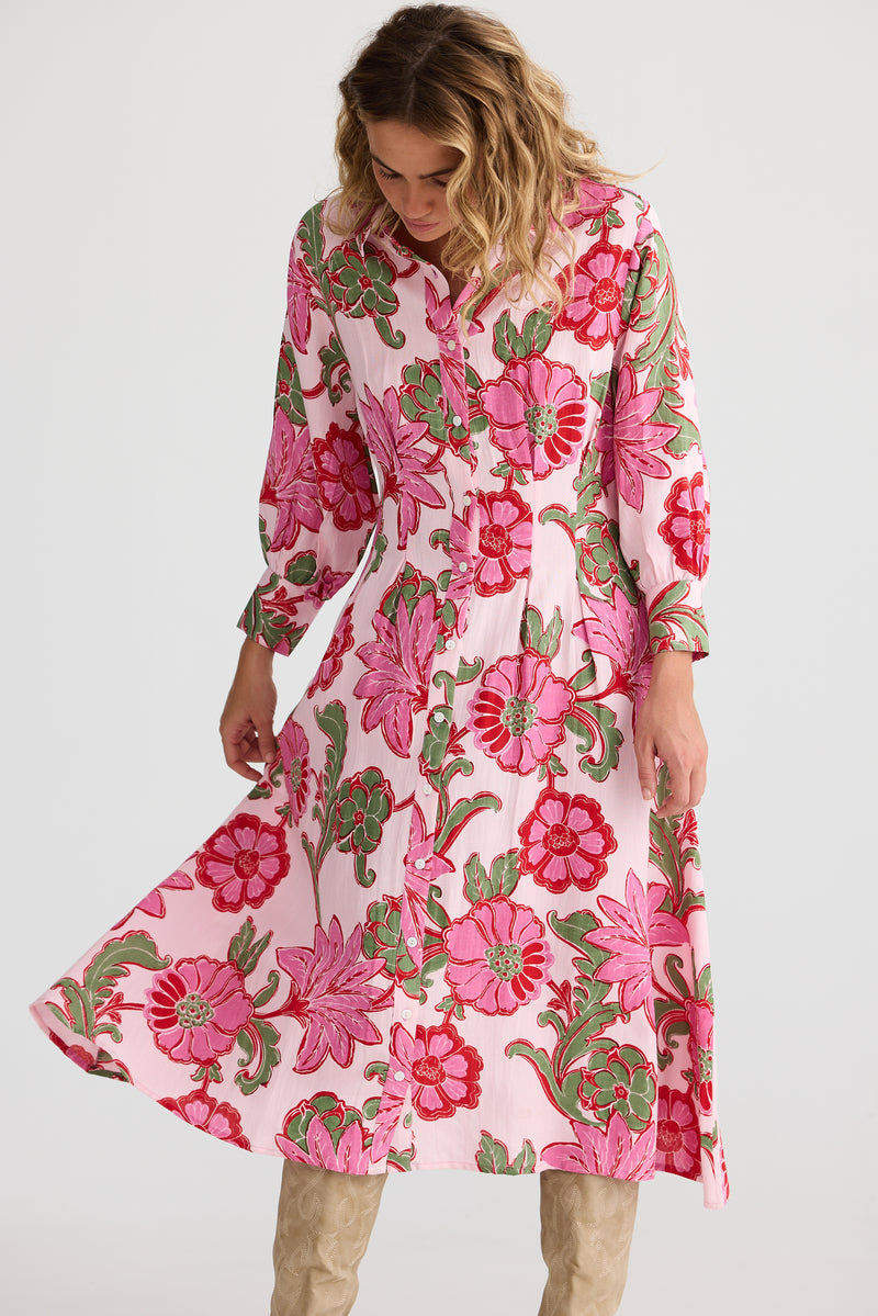 Ophelia Shirt Dress – Pink Ibiza Linen Blend Midi Dress