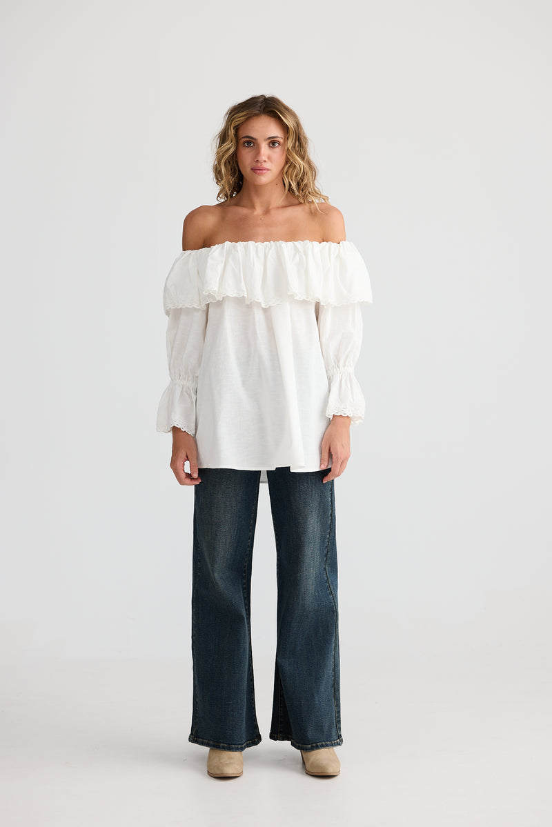 Tamil Top Off White – cotton linen blend off-shoulder ruffle blouse