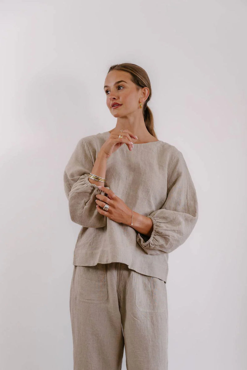 Eadie Lifestyle Tess linen blouse styled for everyday wear with natural linen texture and classic design.