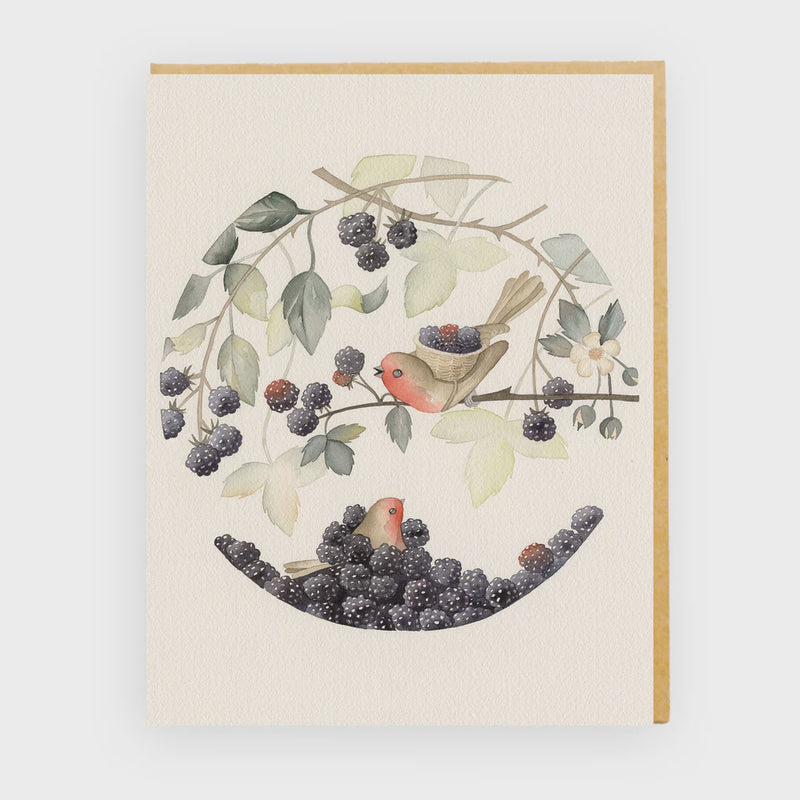 Blank card featuring artwork of birds perched on a branch with berries and leaves.