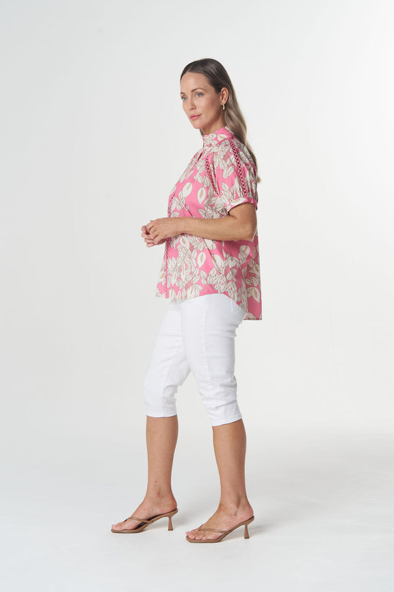 Flamingo Pink cotton summer blouse styled on model