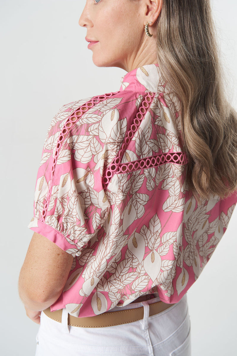 Flamingo Pink short sleeve women's cotton poplin blouse