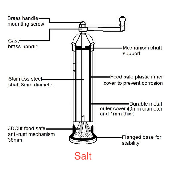 Original 8 inch Brass Salt Mill design specifications