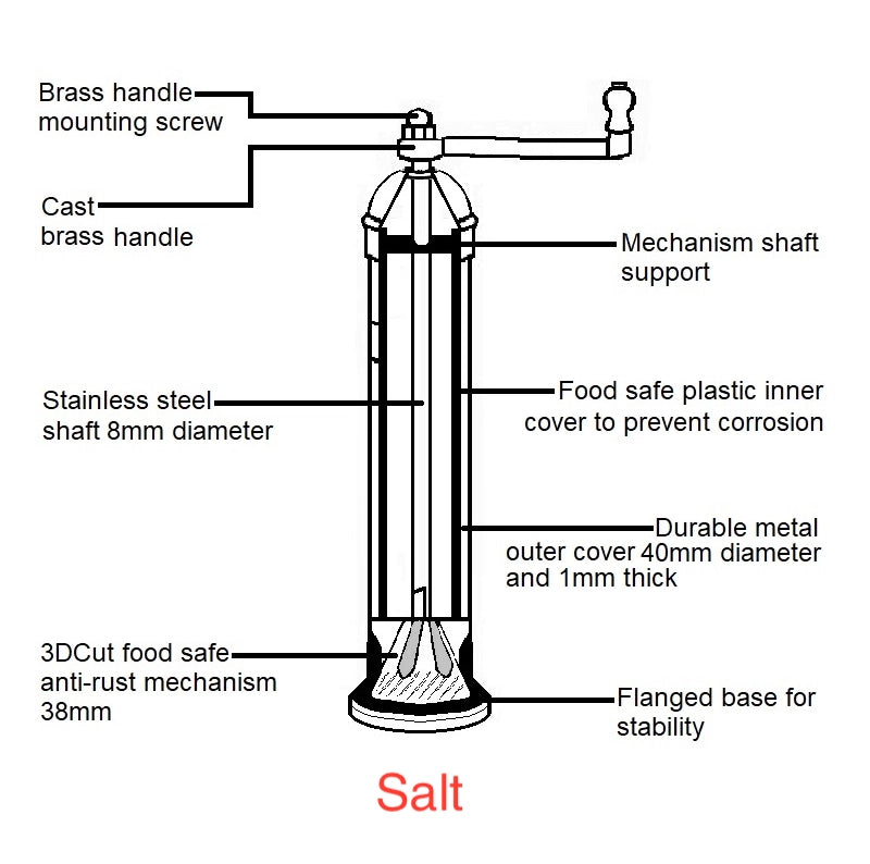 Original 8 inch Brass Salt Mill design specifications