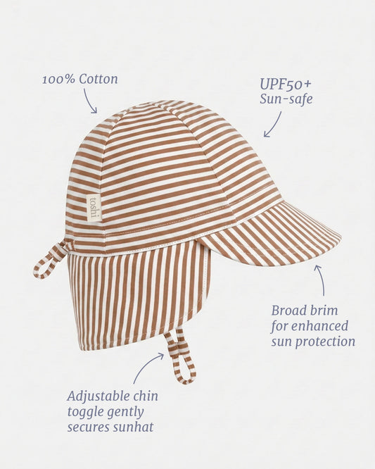 Toshi UPF 50+ cotton flap cap in Mocha for babies and toddlers.