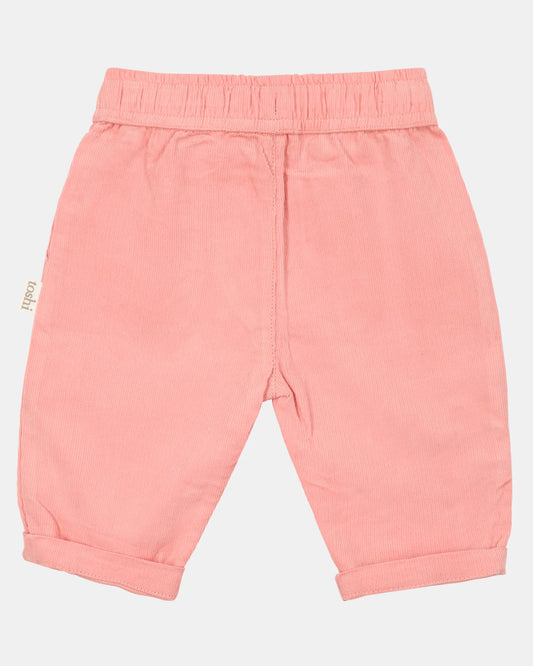 Dusty rose corduroy baby pants with elastic waist and drawstring