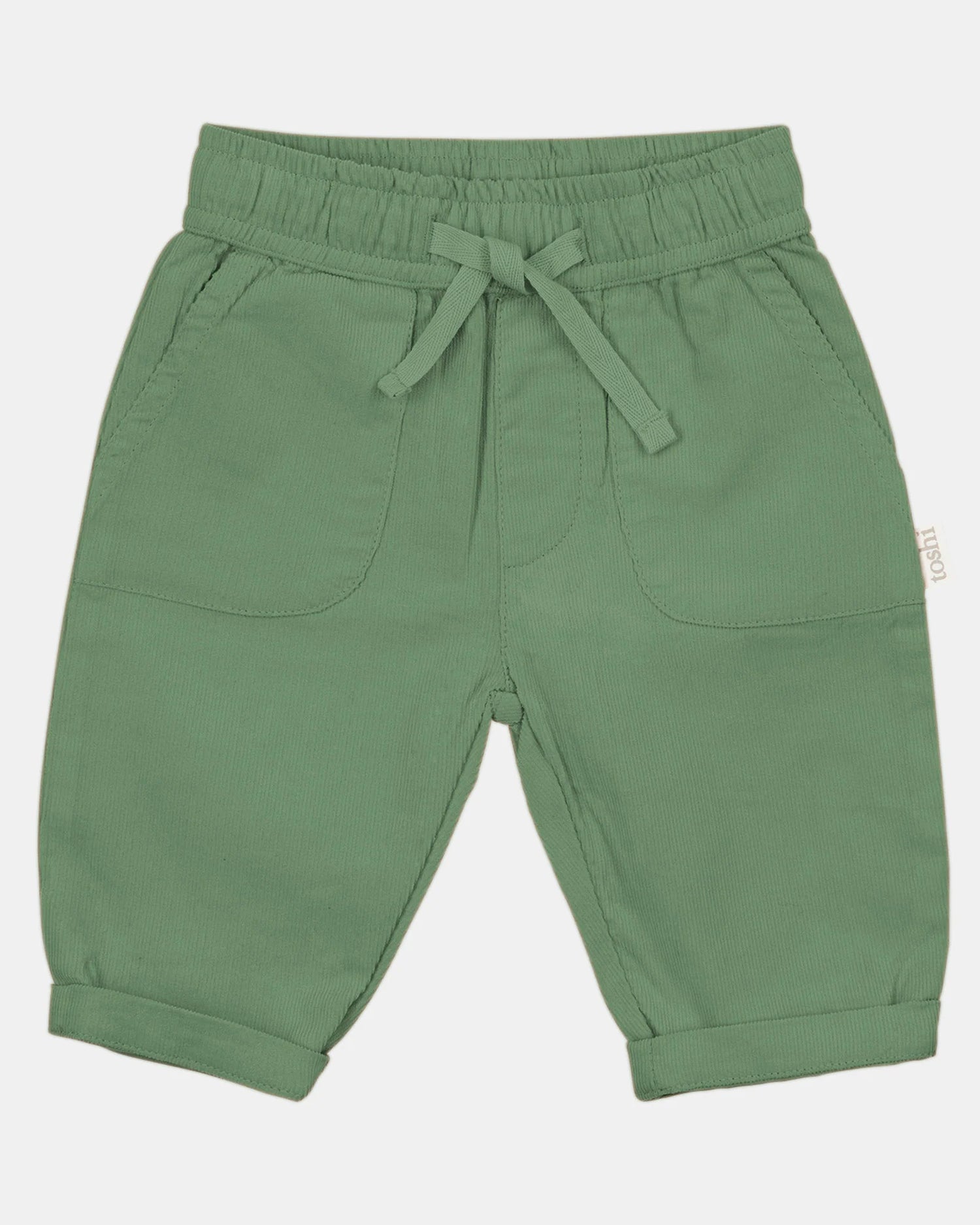 Green baby pants with a drawstring on a white background