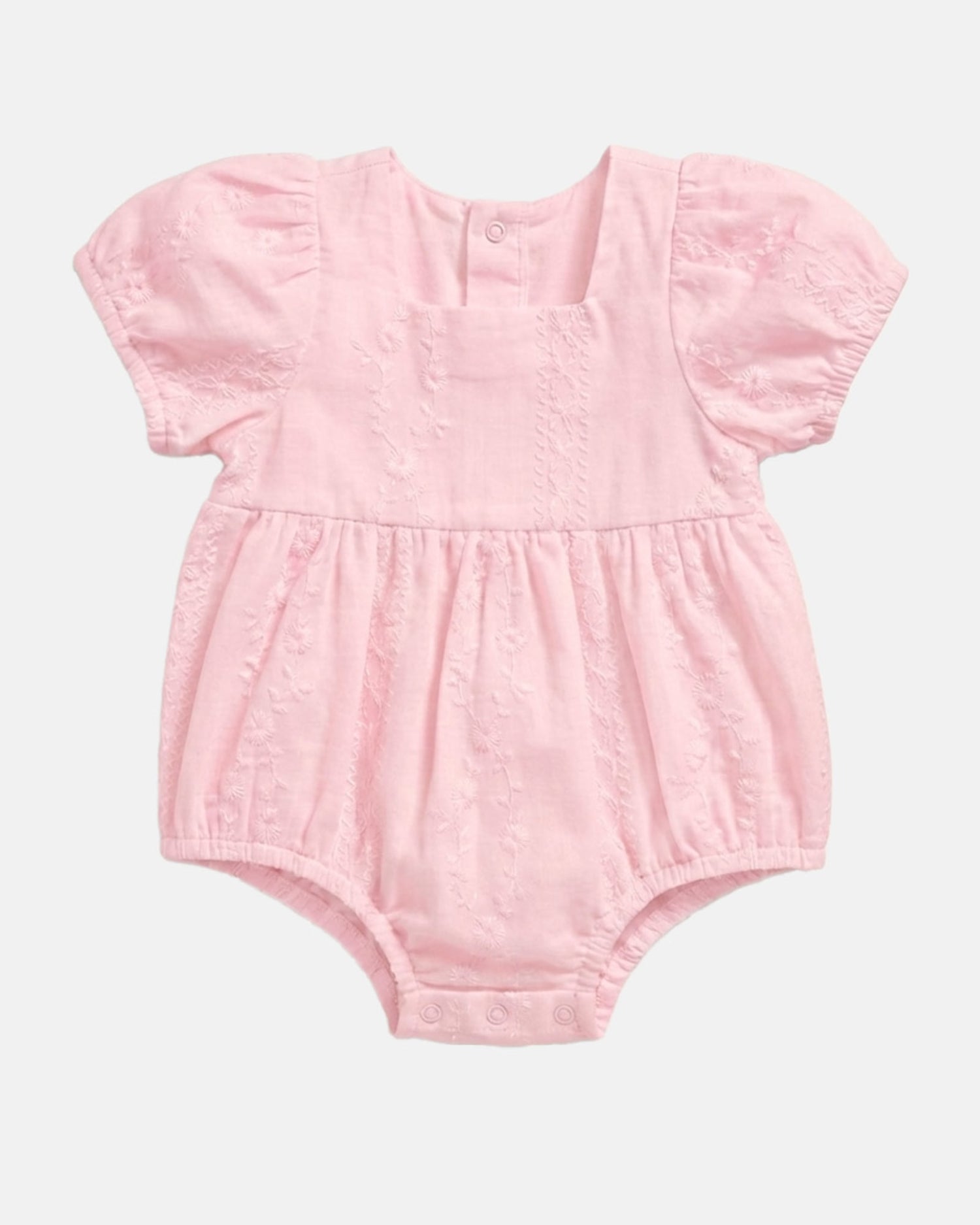 Toshi Baby Romper Florence Blossom in a floral design with embroidered fabric and puff sleeves.