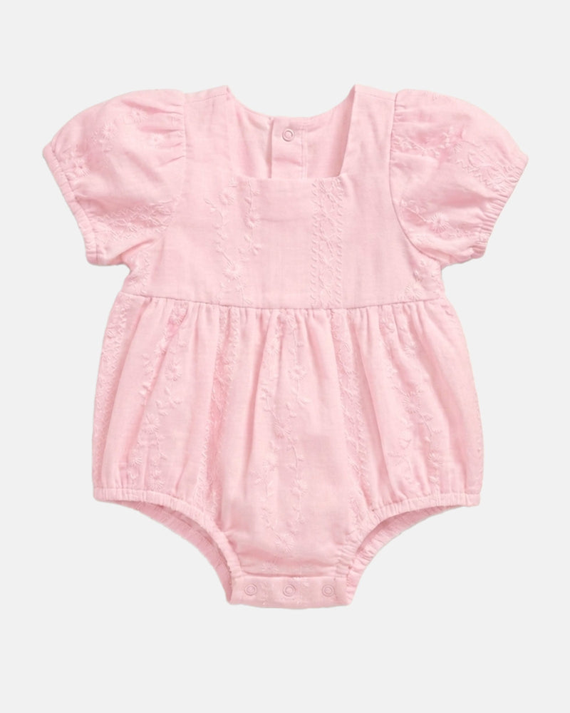 Toshi Baby Romper Florence Blossom in a floral design with embroidered fabric and puff sleeves.