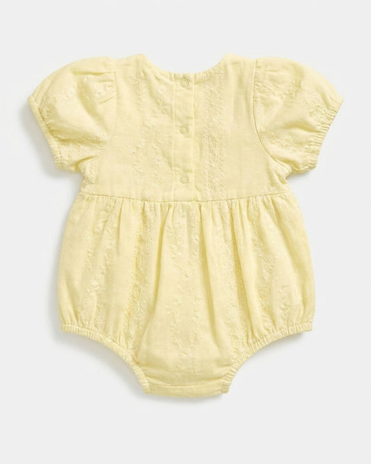 Toshi Florence Lemon baby romper with embroidery, puff sleeves and press stud openings.