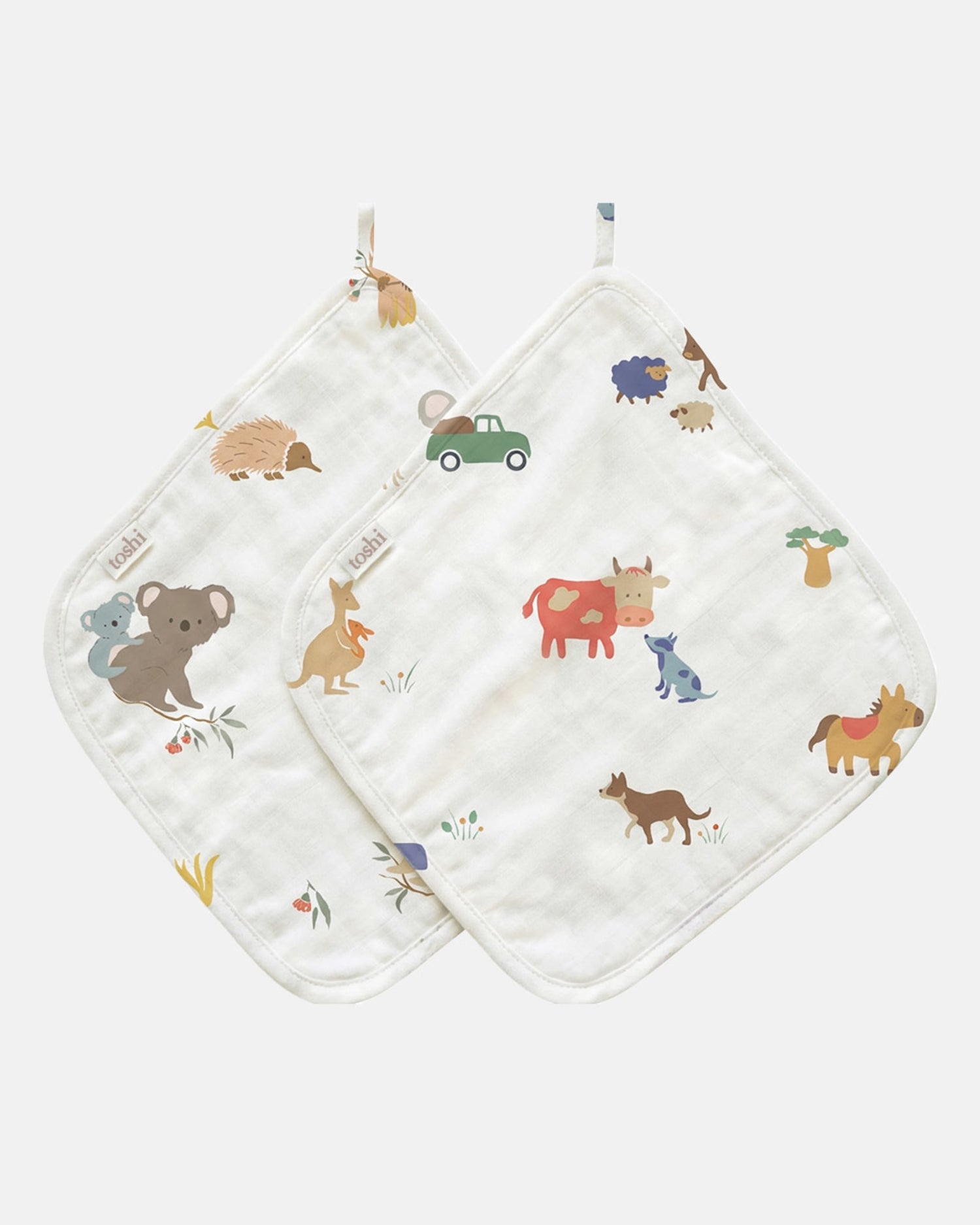 Toshi 100% muslin cotton baby washcloth set in the Arcadia Station Hands print.