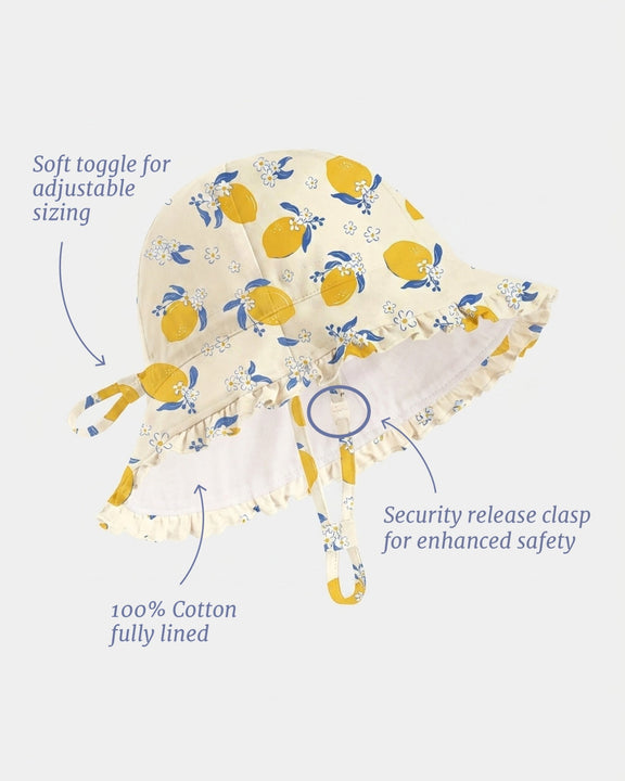 Cute lemon theme baby hat - florals, blue and yellow. 