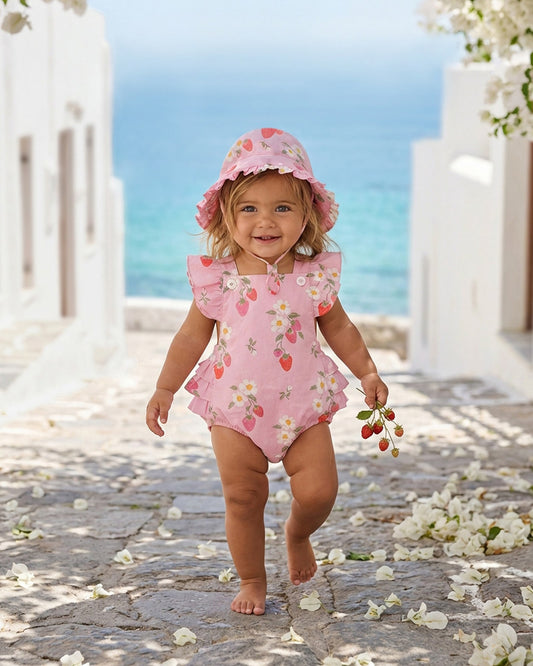 Toshi UPF 50+ cotton bell sun hat in Strawberry Fields Blossom for babies and toddlers.