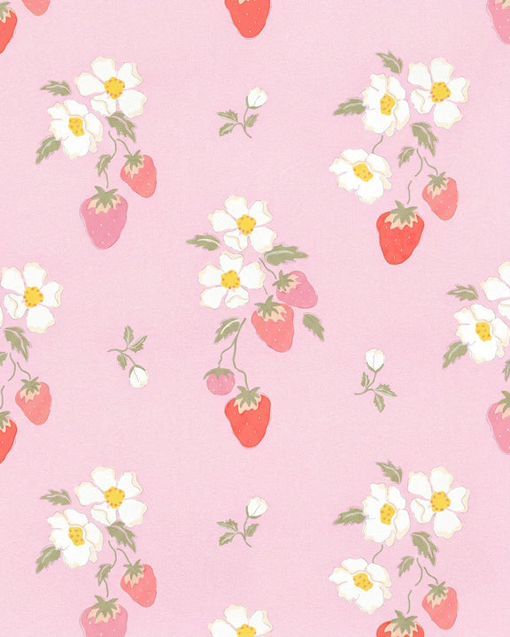 Toshi baby girl sun hat - A repeating pattern of white strawberry flowers with yellow centers and red strawberries on a soft pink background.