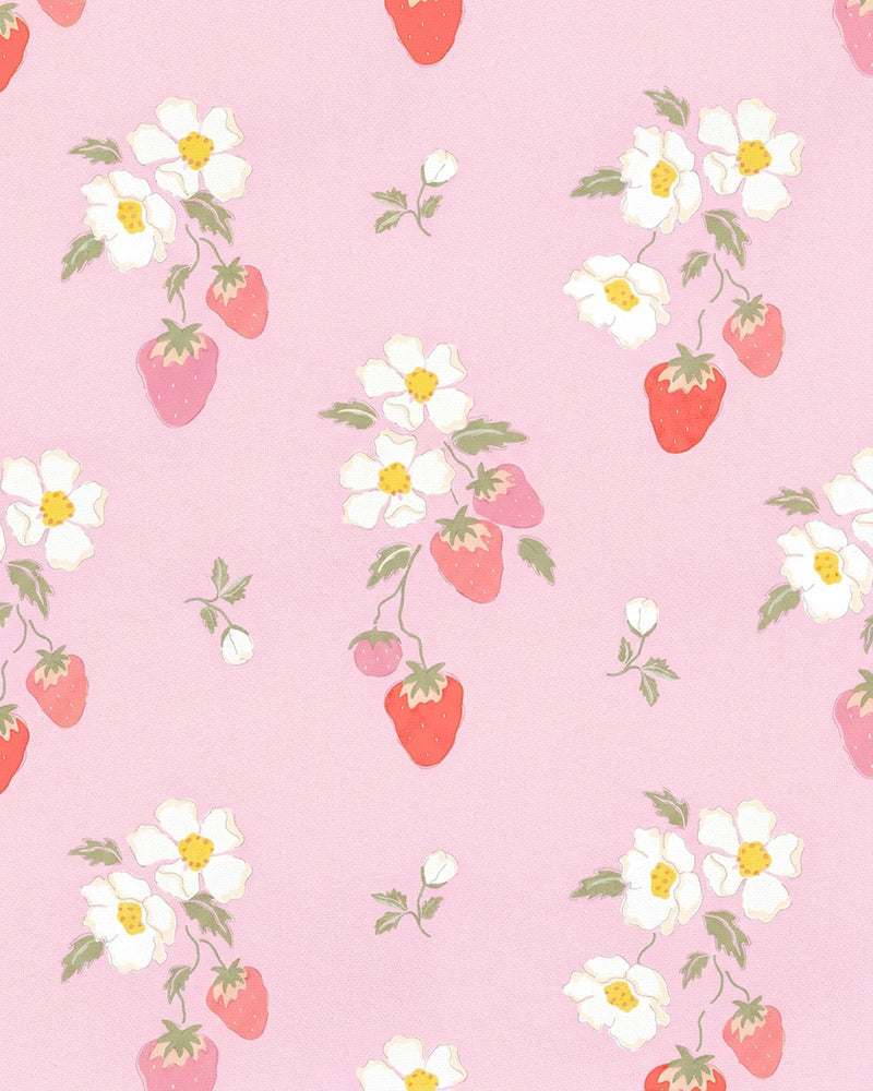 Toshi baby girl sun hat - A repeating pattern of white strawberry flowers with yellow centers and red strawberries on a soft pink background.