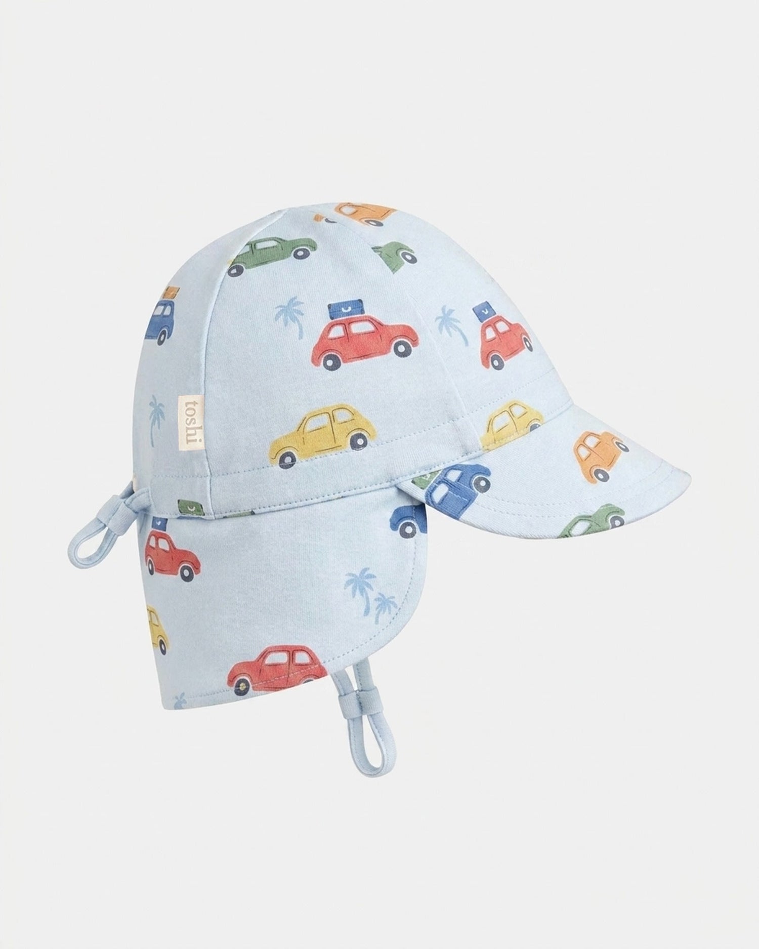 Toshi Flap Cap Arcadia Big Mini baby sun hat with colourful car print.