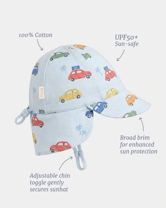 Blue Toshi baby flap cap with mini cars and UPF 50+ sun protection.