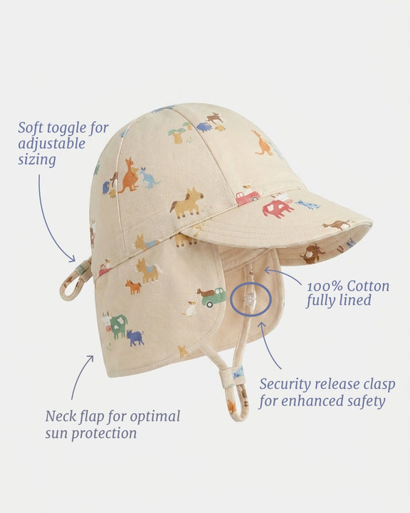 Baby cotton flap cap with protective neck flap and adjustable ties by Toshi.