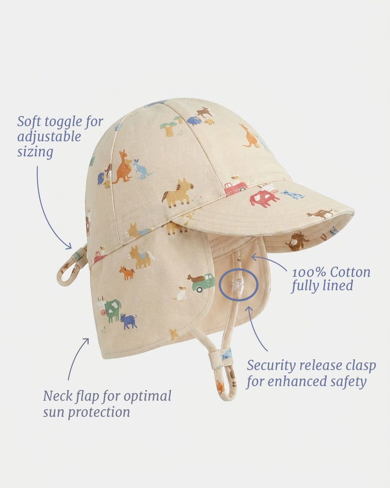 Baby cotton flap cap with protective neck flap and adjustable ties by Toshi.