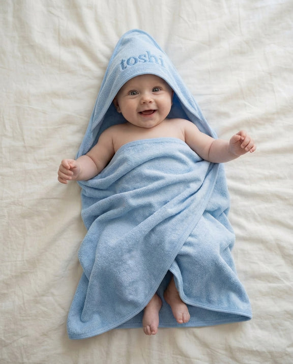 Toshi Yummy Bluebell baby towel with soft hood and cotton edging