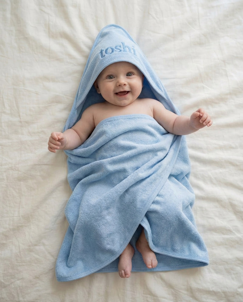 Toshi Yummy Bluebell baby towel with soft hood and cotton edging