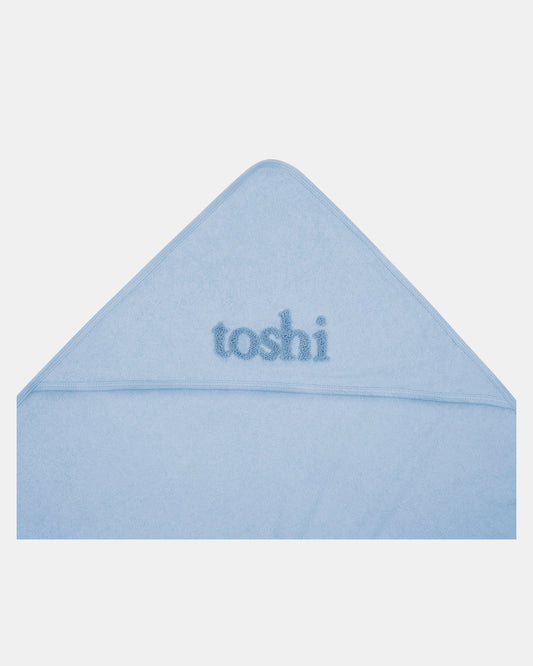Soft blue Toshi hooded baby bath towel measuring 80 x 80cm