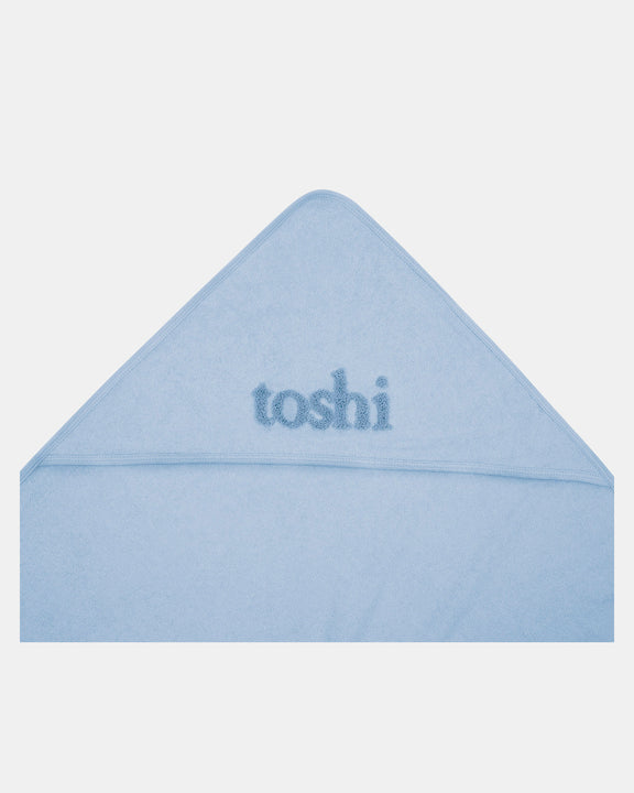 Soft blue Toshi hooded baby bath towel measuring 80 x 80cm