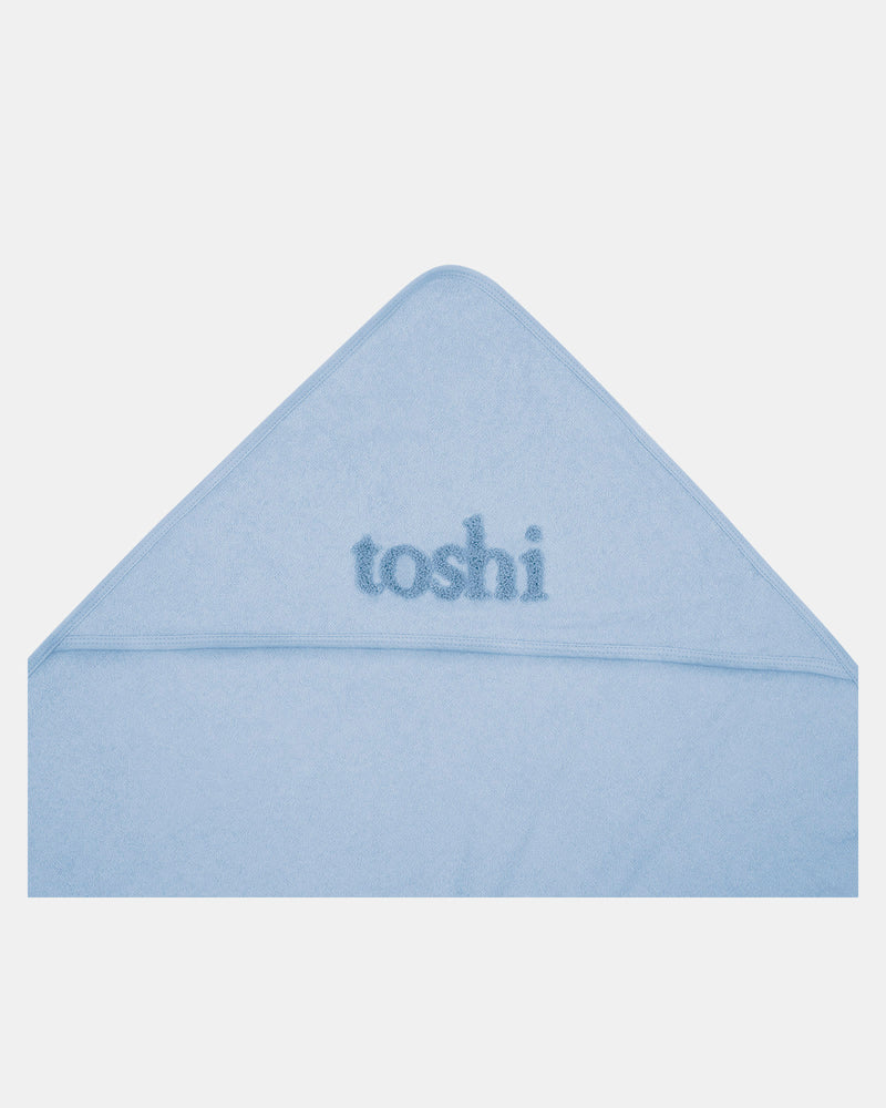 Soft blue Toshi hooded baby bath towel measuring 80 x 80cm