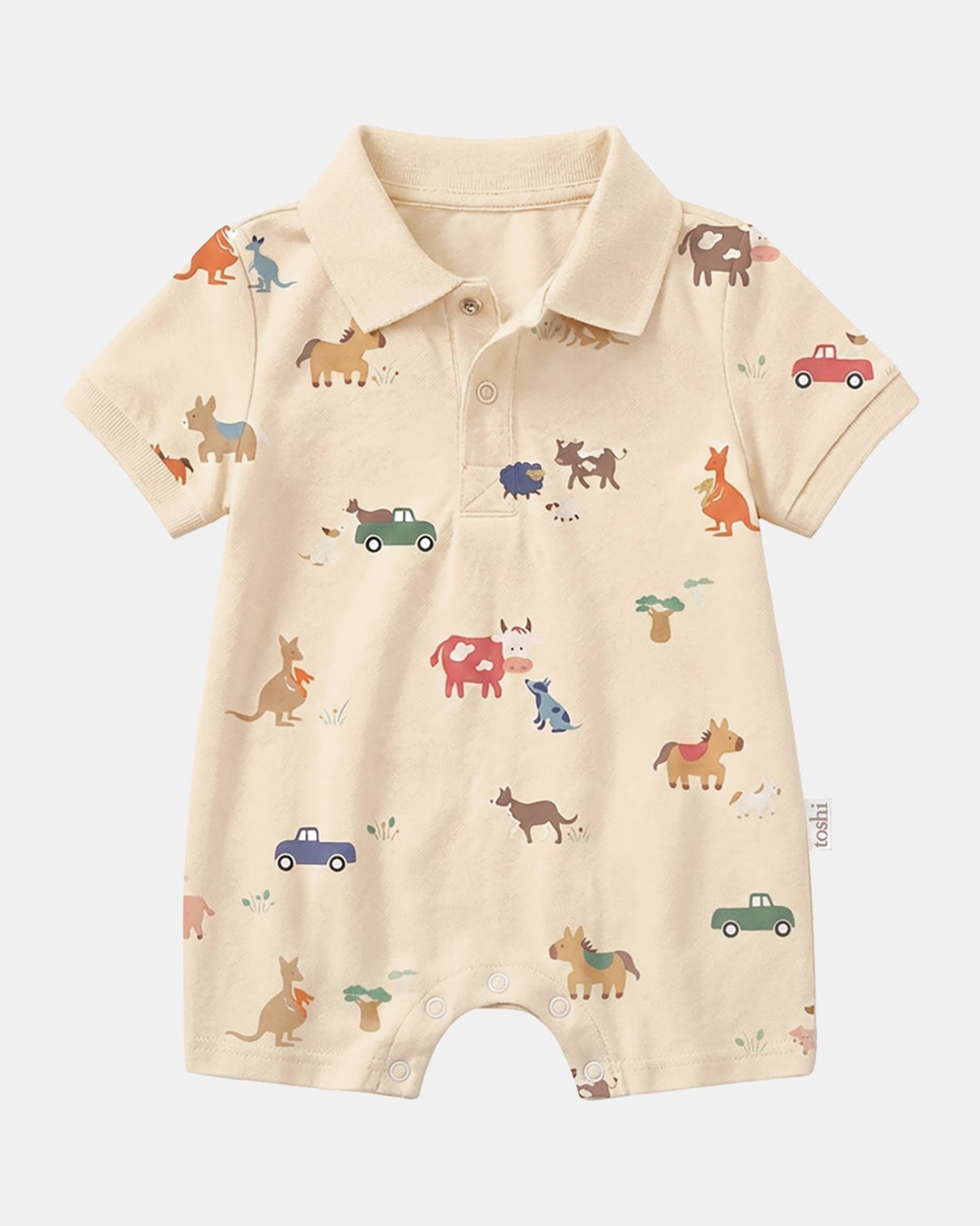 Cotton baby polo onesie in Toshi Station Hands print