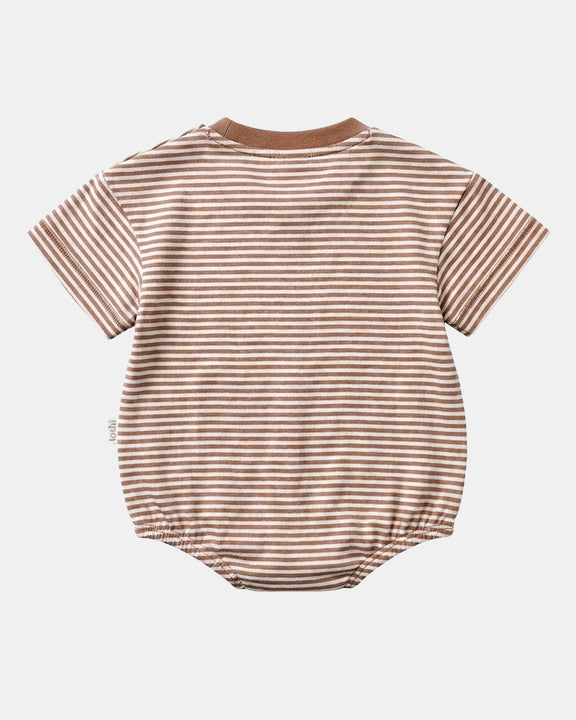 Mocha stripe baby onesie with relaxed bubble silhouette