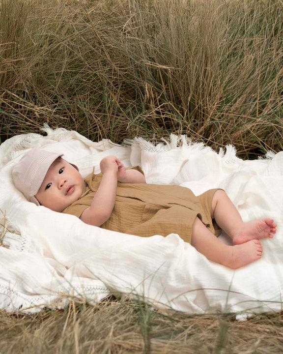 baby romper organic cotton cheesecloth driftwood neutral