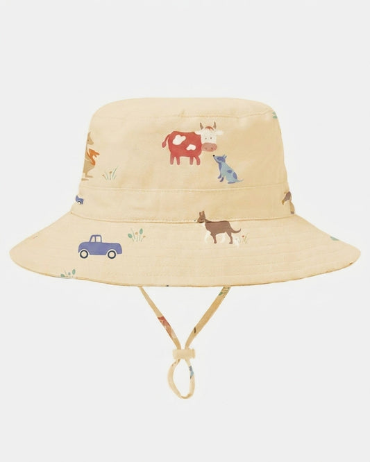Toshi UPF 50+ cotton sun hat with broad brim and Station Hands design.