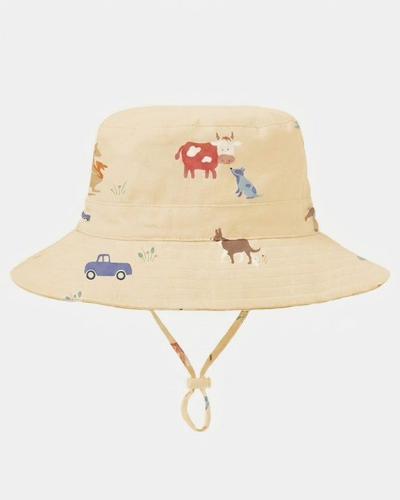 Toshi UPF 50+ cotton sun hat with broad brim and Station Hands design.