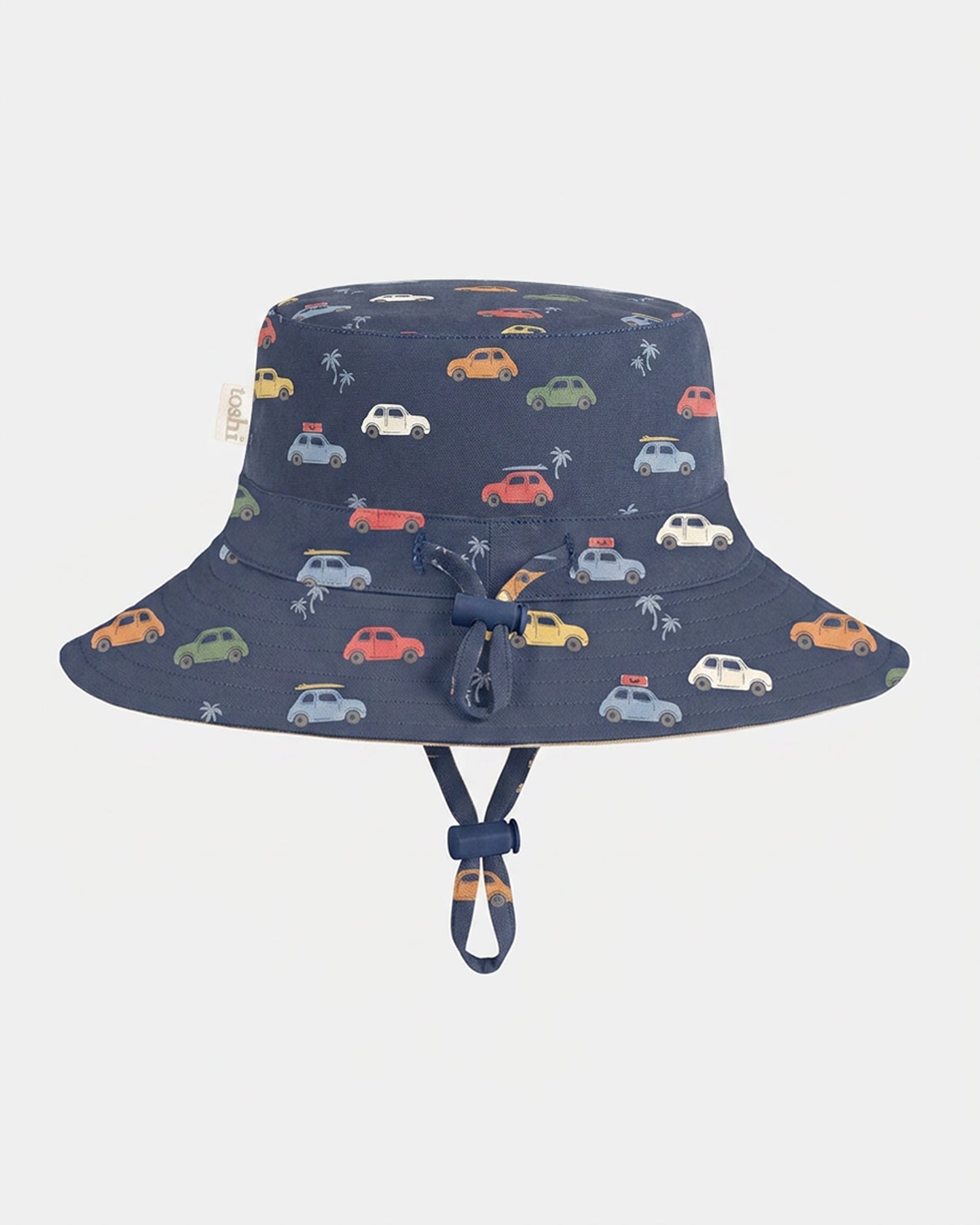 Toshi Sunhat Tide Big Mini children's navy sun hat with colourful car print.