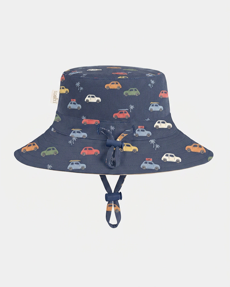 Toshi Sunhat Tide Big Mini children's navy sun hat with colourful car print.