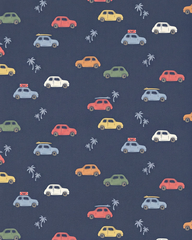 A repeating pattern of retro-style cars in red, yellow, green, blue, and white, with small palm tree motifs on a dark navy background.