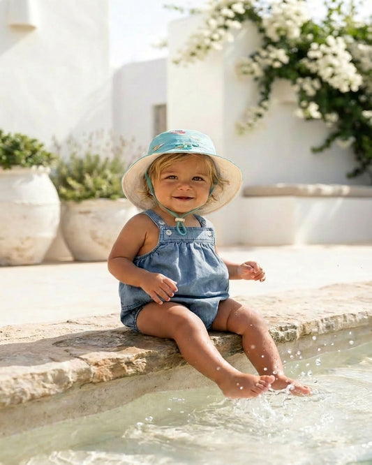 Toshi UPF 50+ cotton sun hat in Tide Tugboat for children.