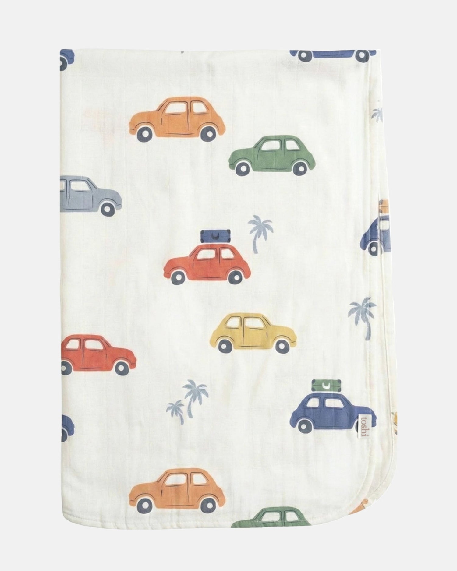 Toshi Wrap Muslin Arcadia Big Mini featuring a colourful mini car print.