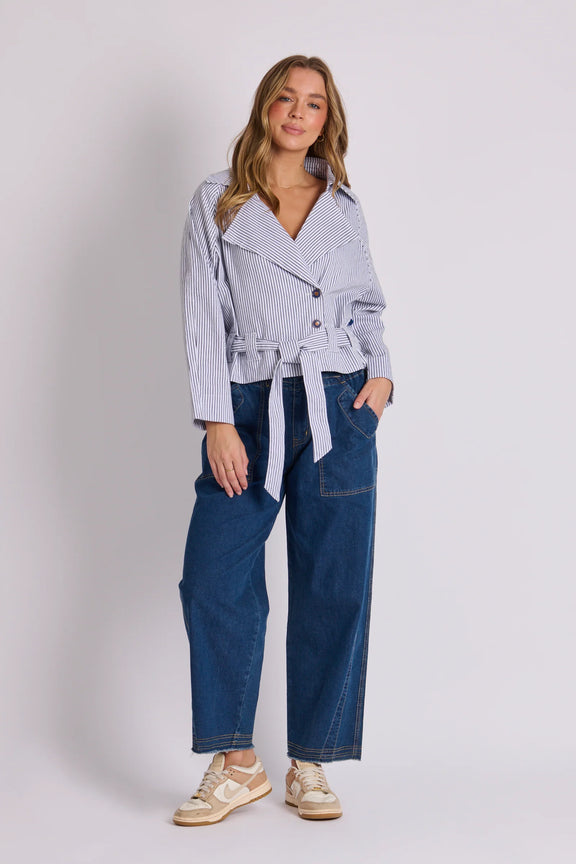 Women's blue stripe trench jacket with relaxed fit by One Ten Willow