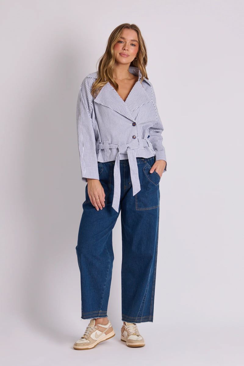 Women's blue stripe trench jacket with relaxed fit by One Ten Willow