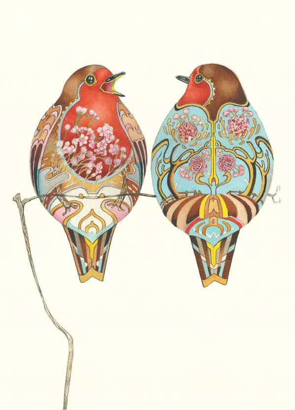 Two Robins greeting card by Daniel Mackie – watercolour bird illustration