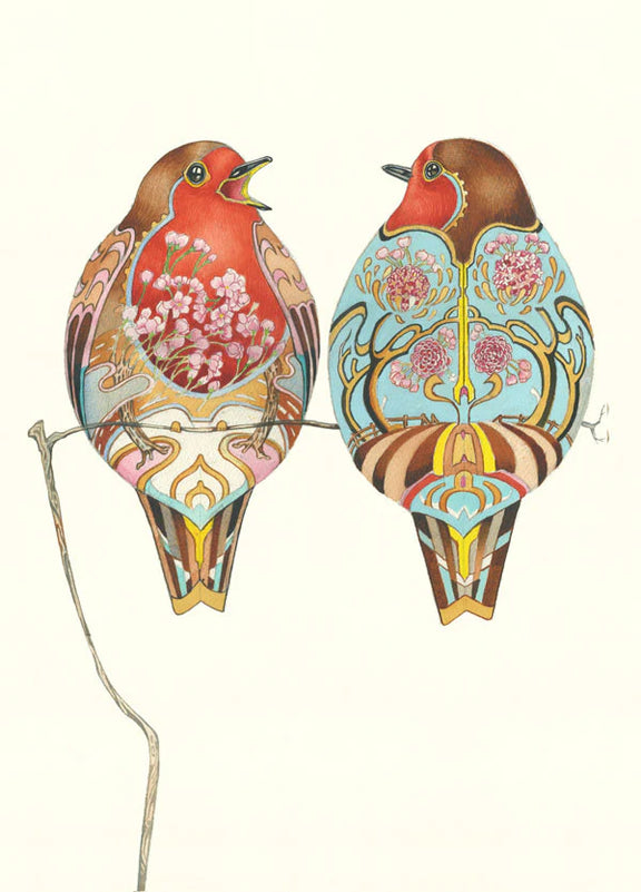 Two Robins greeting card by Daniel Mackie – watercolour bird illustration
